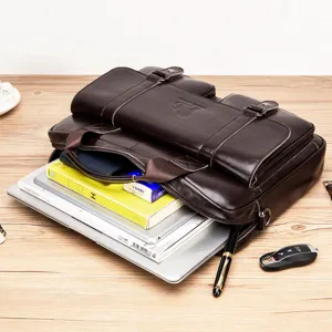 Men's brown genuine leather business briefcase and large capacity laptop shoulder bag.