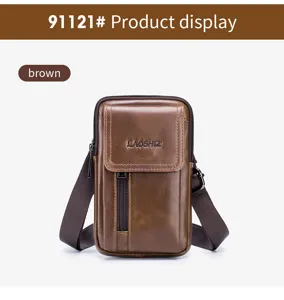 Men's genuine cowhide leather waist bag 5.5 inch phone belt pouch casual brown