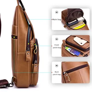 Men genuine leather chest bag vintage casual multi-pocket crossbody bag brown sling bag