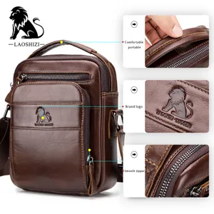 Men's genuine leather shoulder bag vintage vertical cross body bag with smooth zippers.