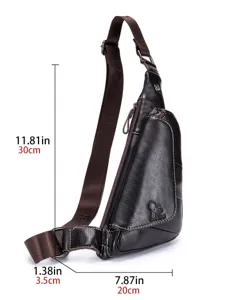Men genuine leather sling chest bag vintage casual shoulder crossbody bag with zipper pocket.