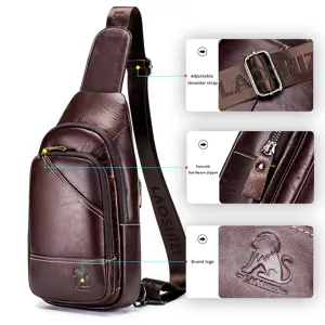 Detail view of men's leather chest bag featuring adjustable strap, zipper, and brand logo.