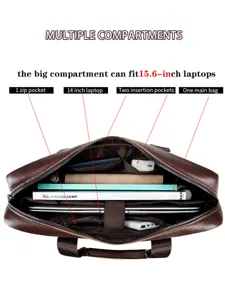 Men's genuine leather laptop briefcase business bag with multi-compartments for 15.6 inch laptop.