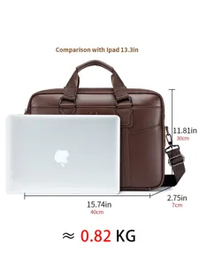 Men genuine leather briefcase laptop business bag with shoulder strap and dimensions.
