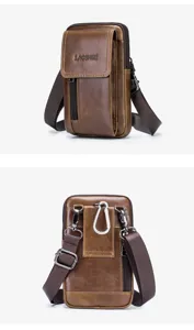 Men genuine leather waist bag retro multi-function phone pouch casual belt bag with shoulder strap