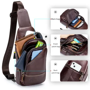 Genuine leather chest bag detail showing multi-pocket compartment structure and durable strap.
