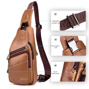 Men's genuine leather chest bag vintage casual sling backpack with adjustable shoulder strap.