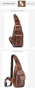 Men's vintage genuine leather sling bag casual brown chest daypack multi-angle detail view.
