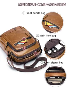 Men genuine leather shoulder bag retro messenger bag multi-compartment casual crossbody bag