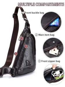 Men genuine leather sling chest bag casual crossbody shoulder bag with multiple compartments