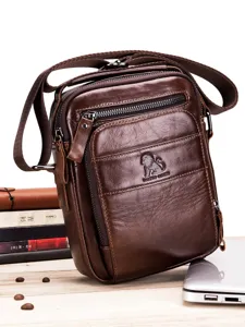 Men Vintage Genuine Cowhide Leather Crossbody Bag Casual Small Messenger Bag Multi Pocket Business Shoulder Bag