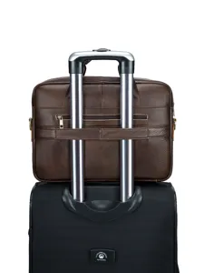 Men genuine leather briefcase 15 inch laptop bag with luggage strap for travel business