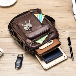 Men's genuine leather crossbody bag, multi-pocket retro shoulder bag, detailed capacity view.