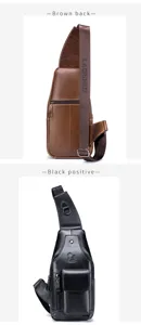 Men genuine leather vintage sling chest bag casual daypack crossbody bag with zipper pocket.