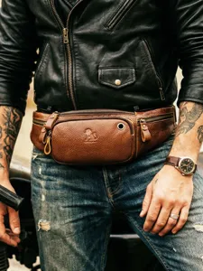 Genuine leather waist bag men cowhide chest bag vintage fanny pack large capacity messenger bag