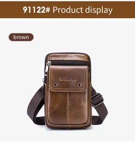 Men genuine leather waist bag casual belt pouch shoulder bag brown multi-pocket design