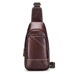 Men's genuine leather sling bag retro brown chest crossbody daypack with multiple zipper pockets.