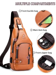 Men Genuine Leather Sling Chest Bag USB Charging Port Multi Compartment Crossbody Bag