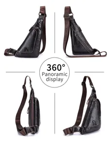 Men genuine leather sling chest bag multi angle display casual vintage crossbody daypack