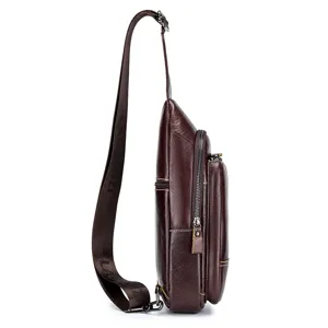 Men's genuine leather sling bag chest pack dark brown vintage cross body bag casual shoulder bag