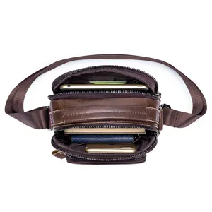 Detailed top view of genuine leather men's shoulder bag with multiple compartments and zippers.