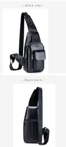 Black leather chest bag detail, premium top layer cowhide sling bag with metal zippers.