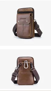 Men's genuine leather waist bag vintage casual phone pouch multi-functional belt bag detail.
