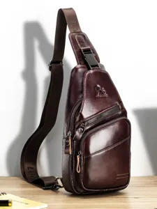 Men Genuine Leather Chest Bag Vintage Large Capacity Crossbody Bag Multifunctional Single Shoulder Bag Commuting Handbag