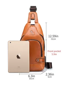 Men genuine leather sling chest bag brown casual crossbody daypack with USB port.