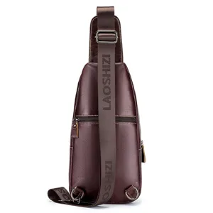 Genuine leather men's chest bag casual retro crossbody shoulder sling bag dark brown detail view