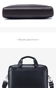 Men's genuine leather briefcase, top layer cowhide business laptop bag, black detail view.