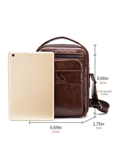Vintage brown genuine leather men vertical cross-body shoulder bag with tablet size ref.