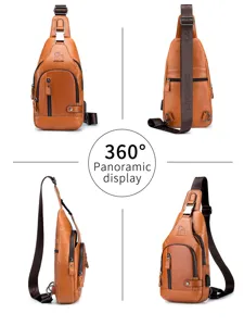 Men's leather sling chest bag casual vintage daypack with USB charging port multi-angle