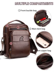 Genuine leather men's shoulder crossbody bag vintage vertical square design casual bag.