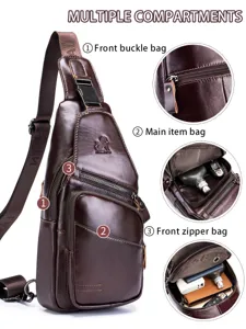 Men genuine leather chest bag large capacity vintage crossbody sling bag multiple compartments.