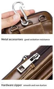 Leather waist bag detail shot featuring durable metal accessories and smooth hardware zippers.