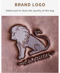 Detailed view of genuine leather chest bag with embossed lion logo showing premium craftsmanship.