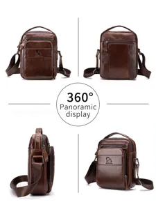 Men's genuine leather vertical shoulder bag retro casual crossbody bag with multi pockets