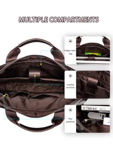 Brown leather men business laptop briefcase with multiple compartments and internal pockets.