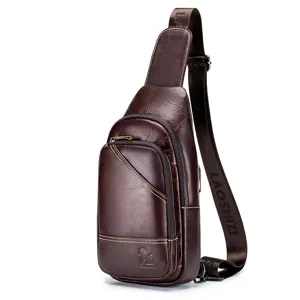 Men genuine leather chest bag casual brown crossbody shoulder bag with multi zipper compartments.