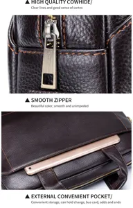 Men genuine leather briefcase detail top-layer cowhide handbag smooth zipper pocket