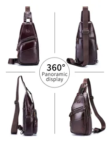 Men genuine leather chest bag vintage cowhide crossbody shoulder bag multi-pocket commute pack.