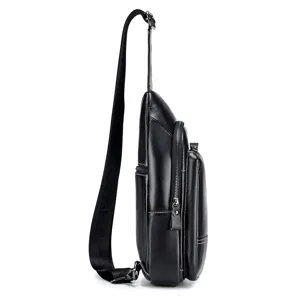 Men genuine leather sling chest bag side view, black cowhide casual crossbody shoulder bag.
