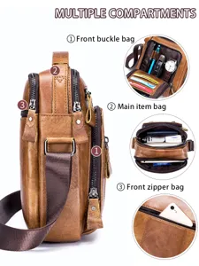 Men vintage genuine top layer cowhide leather shoulder messenger bag with multiple compartments