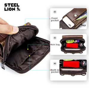 Men genuine leather waist bag vintage belt holster phone pouch dark brown daily use pack
