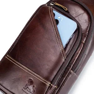 Men genuine leather chest bag detail, top layer cowhide sling backpack with phone pocket.