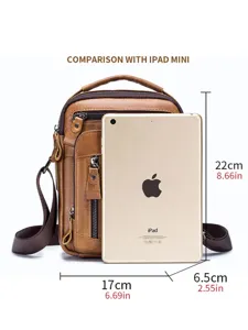 Vintage genuine leather men's crossbody bag, compact casual shoulder bag with size display.