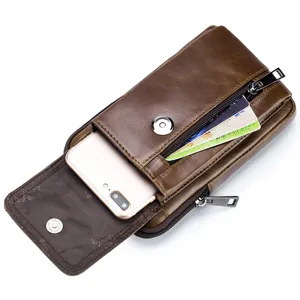 Men genuine leather phone waist bag belt holster casual card pocket brown storage pouch
