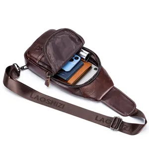 Premium genuine leather chest bag for men, stylish casual sling backpack with pockets.