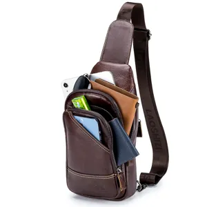 Men's leather chest bag casual sling backpack genuine leather shoulder daypack for travel.